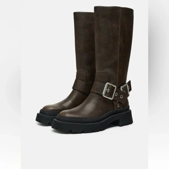 ZARA BROWN BIKER BOOTS WITH BUCKLES - SIZE 39 EXCELLENT CONDITION - Picture 3 of 13